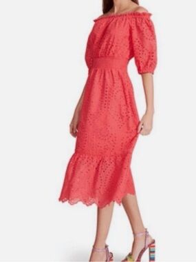 Betsy Johnson coral eyelet midi ruffle off shoulder dress XL